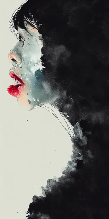 Prompt: profile side view closeup of smoke coming from the lips of a young filipino woman, thick swirling smoke, by conrad roset, long paint brush strokes, dramatic lighting, abstract painting trending on artstation