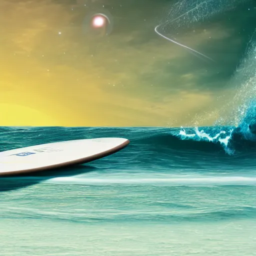 Image similar to photo of a beagle surfing a surfboard on a crashing l wave of alien ocean in space, background is an alien galaxy, aliens in the background, alien colors, octane render, unreal engine, wide view, 8 k, high detaild