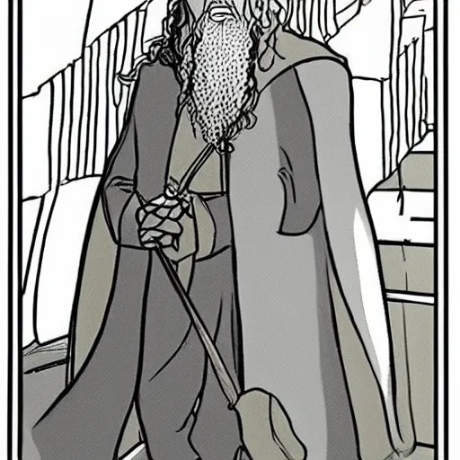 Prompt: color dawing of gandalf without a hat, gandalf is entering the subway on manhattan art style of moebius