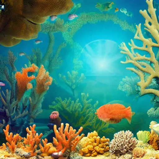 Prompt: a beautiful surreal underwater coral landscape in an other worldly dimension, many strange creatures roaming around, vivid caustics, 8 k, high - detail
