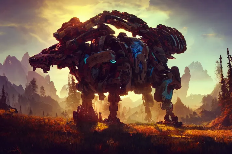 Image similar to tremortusk machine mecanical creature robot of horizon forbidden west horizon zero dawn radiating a glowing aura global illumination ray tracing hdr fanart arstation by ian pesty and alena aenami artworks in 4 k