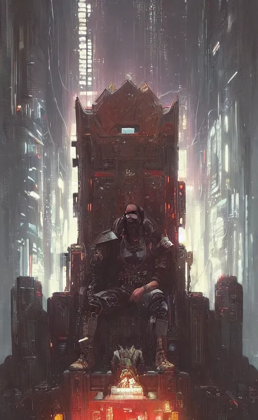 Prompt: « beautiful comic style painting of cyberpunk king on the throne by greg rutkowski, very detailed »