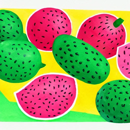 Image similar to retro, hd illustration of watermelons, crocs, big yellow lemons, mint leaves, ice cubes, inspired by watercolor masterpieces, matisse, malevich, david hockney, keith haring, colorful, happy, trending on artstation, 4 k