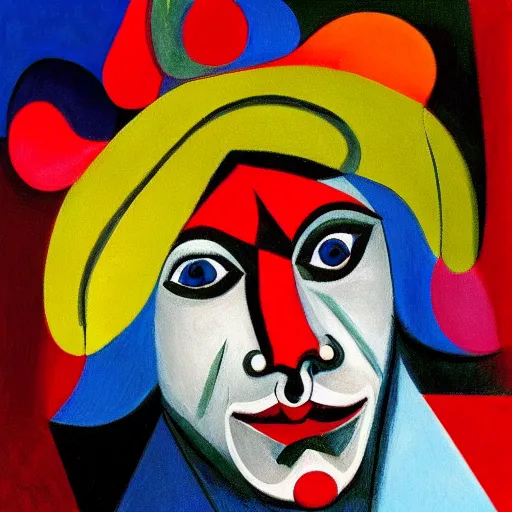 Prompt: Intricate five star Jester facial portrait by Pablo Picasso, oil on canvas, high detail, matte finish, high contrast, 3d depth, masterpiece, vivid colors, artstationhd