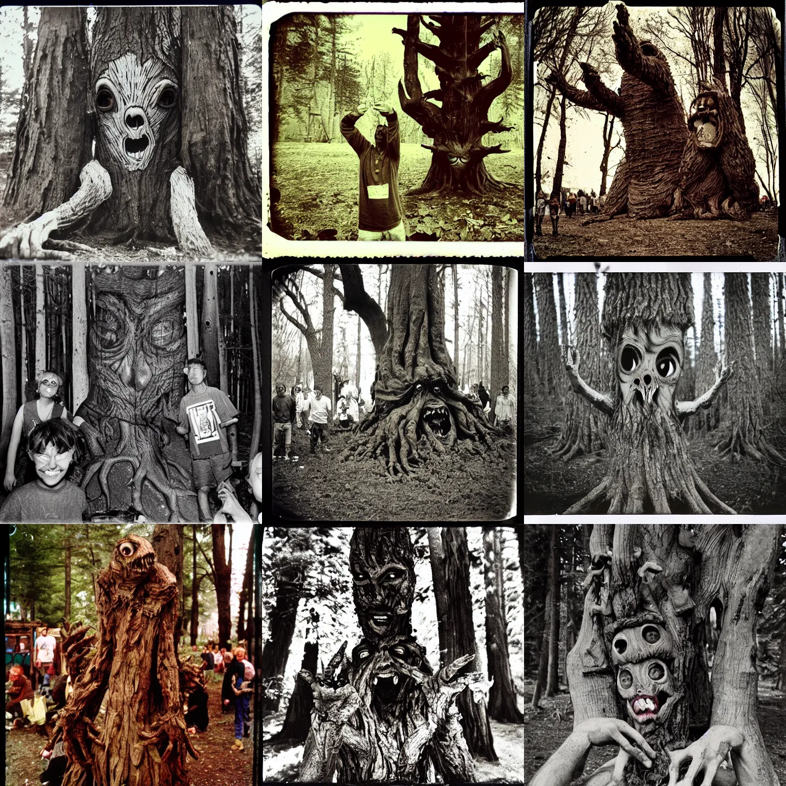 Prompt: a terrifying tree monster with distorted faces made of bark at the mushroom - eating contest, critical moment, lovecratftian horror, pans labyrinth, shot on expired instamatic film