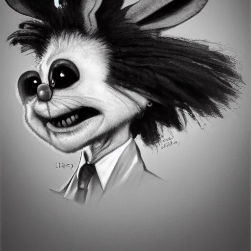 Image similar to A extremely highly detailed majestic hi-res beautiful, highly detailed head and shoulders portrait of a scary terrifying, horrifying, still of a creepy black cartoon rabbit in eraserhead with scary big eyes, earing a shirt laughing, hey buddy, let's be friends, in the style of Walt Disney animation