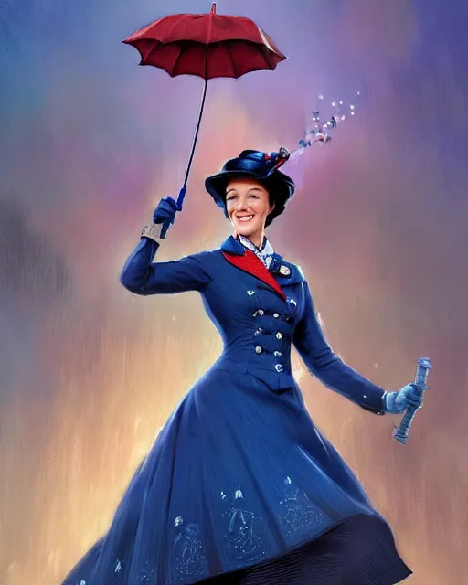 Prompt: Julie Andrews as Mary Poppins smiling and looking to the side, D&D, fantasy, intricate, elegant, highly detailed, digital painting, artstation, concept art, matte, sharp focus, illustration, hearthstone, art by Artgerm and Greg Rutkowski and Alphonse Mucha