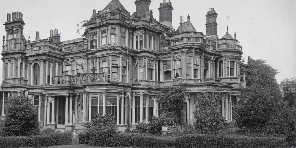 Image similar to a photograph of a late Victorian mansion designed by Joseph Paxton, view from ground level