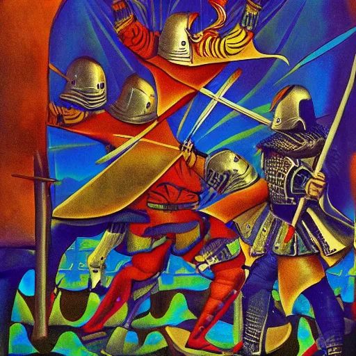 Prompt: medieval knights on a psychedelic trip having a sword fight, surrealism, 4k