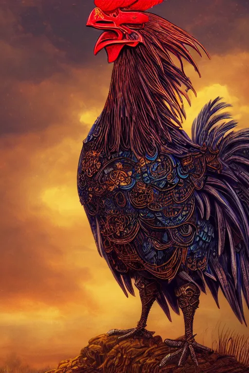 Image similar to a beautiful tarot card artwork of a rooster in armour, horror, backlit, gloomy sky, highly detailed, digital painting, intricate golden threads, by kevin siembieda, vivid colors, detailed shading, 8 k resolution, intricate, smooth