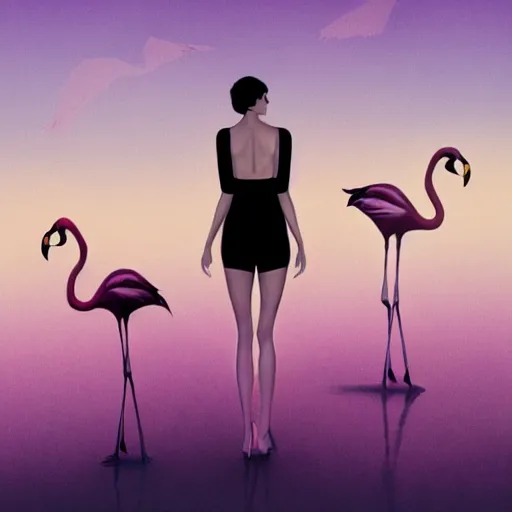 Image similar to A surreal comic noir illustration containing Natalie Portman and Flamingos on a desert beach oasis by Salvador Dali, dark vibes, high contrast, pastel lighting, cinematic, depth of field, 8k