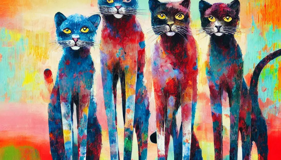 Image similar to contemporary semi abstract acrylic painting of really tall cats by cath kidson, by greg rutkowski, kessler art, thick brush strokes and visible paint layers, multicolor color scheme