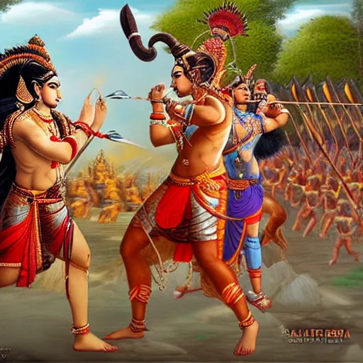 Image similar to Battle between Lord Rama vs Ravana from Indian epic ramayana, hyper-realistic 8k