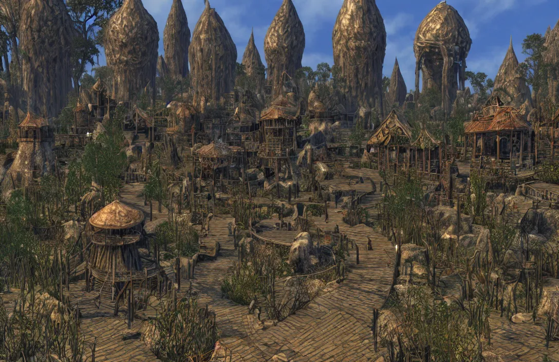 Prompt: vacation photos from morrowind. hyperrealism by ansel adams 8 k resolution texture graphics mods 1 2 0 fps interior of city of wizards with a giant crab exoskeleton