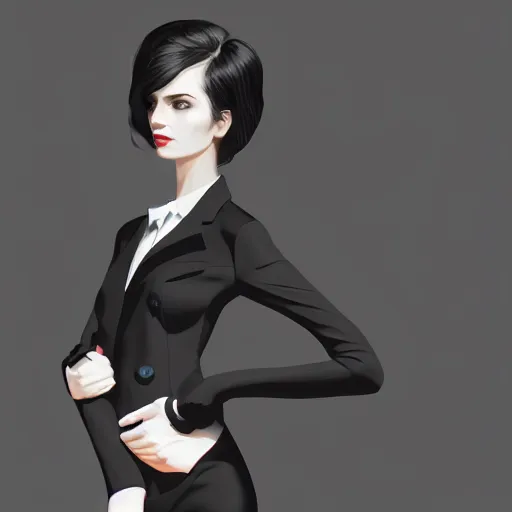 Image similar to slim girl in black tuxedo, corporate boss, luxury, 2d, ultra highly detailed, smooth, sharp focus, digital art, digital painting, fan art, elegant, artstation, by Ilya Kuvshinov