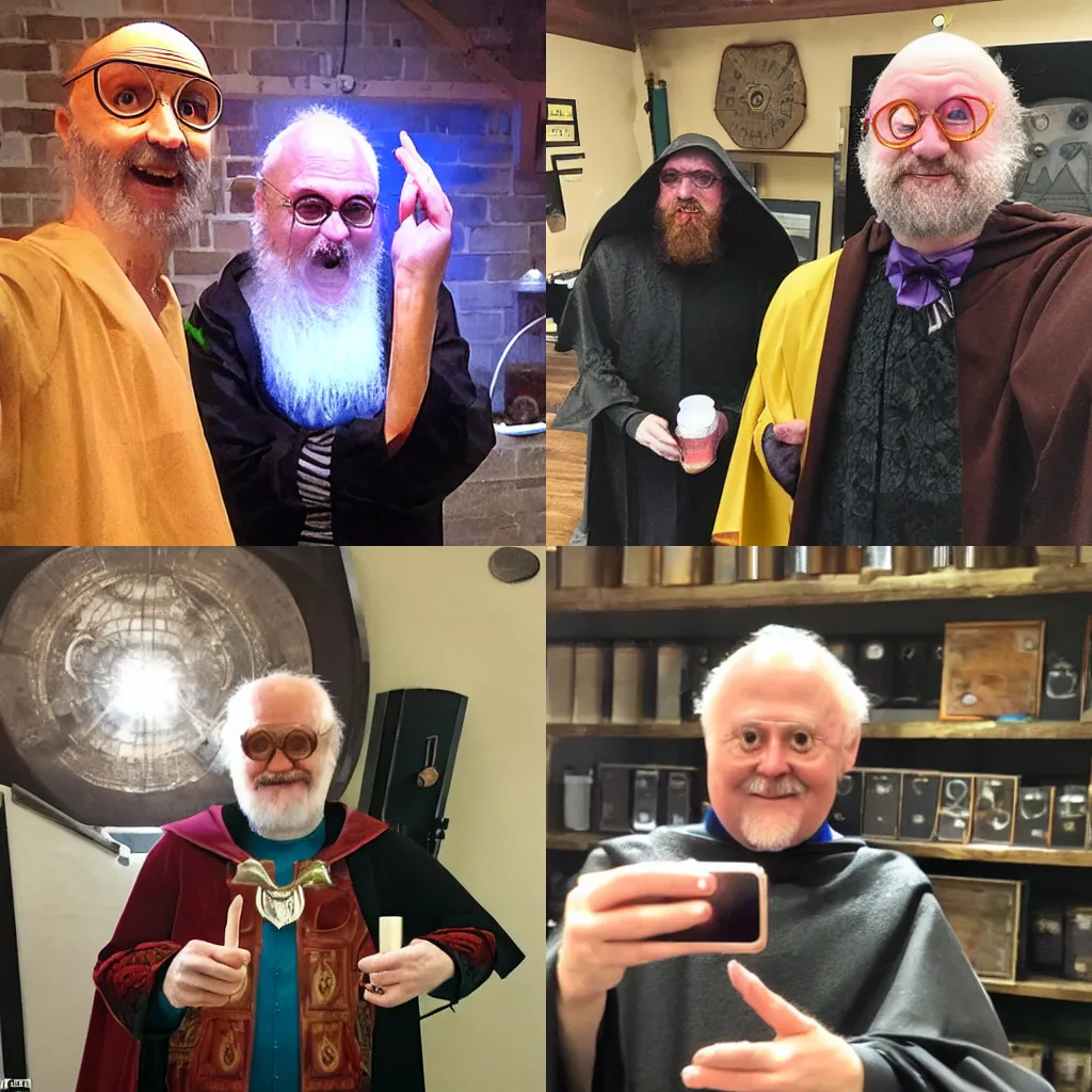 Prompt: Spontaneous selfie of Hide the Pain Harold dressed as an arcane wizard in an alchemy lab