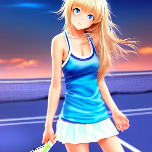 Image similar to a very beautiful young anime tennis girl, full body, long wavy blond hair, sky blue eyes, full round face, short smile, bikini, miniskirt, front view, medium shot, highly detailed, cinematic wallpaper by stanley artgerm lau
