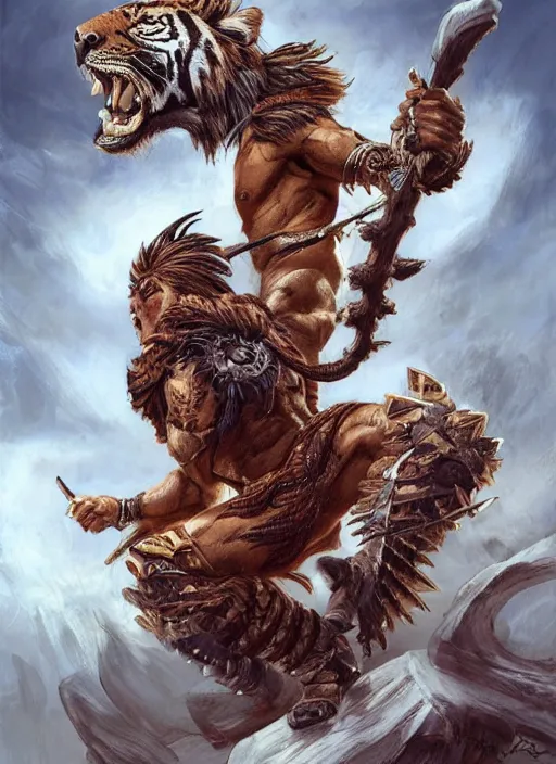 Prompt: a highly detailed illustration of a fierce tribal warrior wearing a tiger mane, heroically screaming into the sky pose, muscular, intricate, elegant, highly detailed, centered, digital painting, artstation, concept art, smooth, sharp focus, league of legends concept art by artgerm and donato giancola and Joseph Christian Leyendecker, WLOP