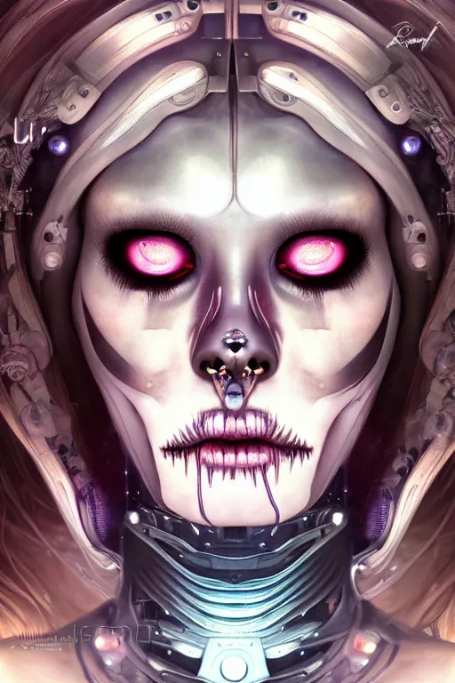 Image similar to ultra detailed portrait of a female android, eyes closed, 8 k, sci - fi, flowerpunk, fantasy, moody, calm, ( dia de los muertos ), asymmetrical, intricate concept art, art by artgerm and giger and michael welan and alphonse mucha and loish and wlop