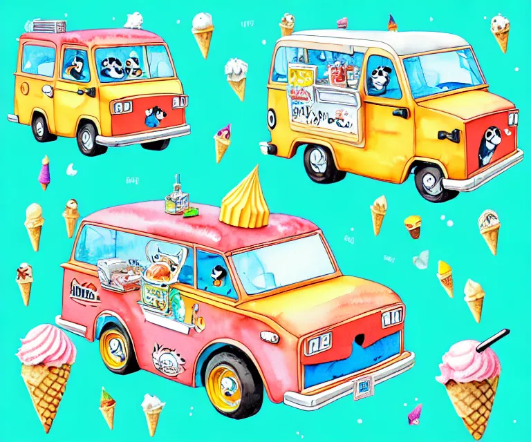 Image similar to cute and funny, penguin riding in a tiny ice cream truck, ratfink style by ed roth, centered award winning watercolor pen illustration, isometric illustration by chihiro iwasaki, edited by range murata, tiny details by artgerm and watercolor girl, symmetrically isometrically centered, sharply focused