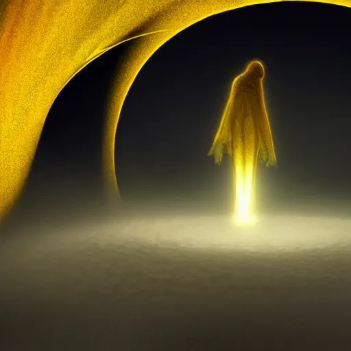 Image similar to award - winning. trending on artstation. 4 k. eerie tone. a figure wearing a layered yellow coat standing in front of a fractal representation of a glowing black hole in space. dark background. full - body. medieval. 4 k.