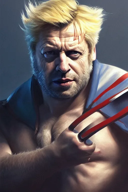 Image similar to Boris Johnson as Wolverine, portrait, X man costume, highly detailed, digital painting, artstation, concept art, smooth, sharp focus, illustration, cinematic lighting, art by artgerm and greg rutkowski and alphonse mucha