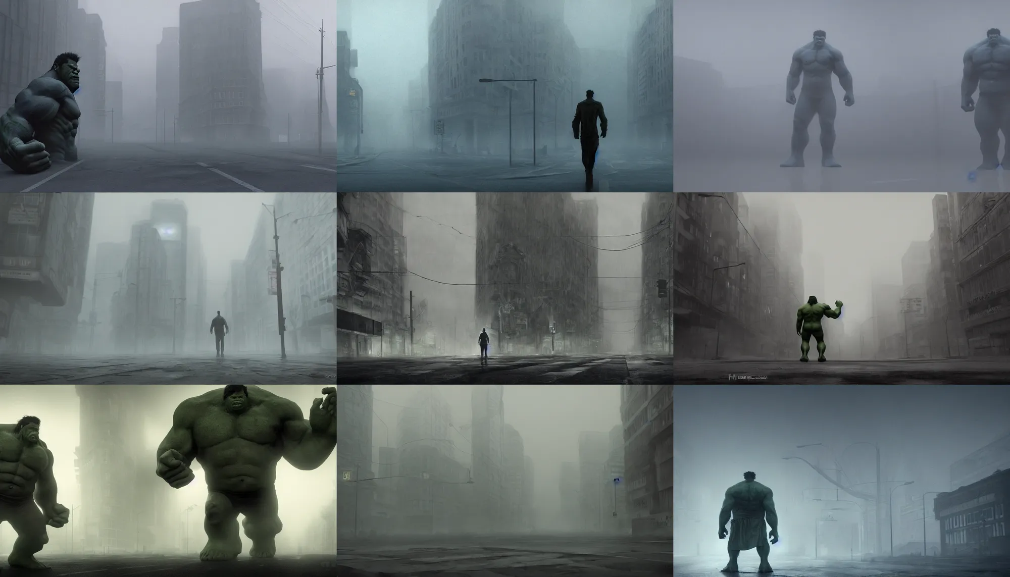 Prompt: a giant hulk!!! standing, silent hill streets, fog, empty streets, hyperdetailed, artstation, cgsociety, 8 k