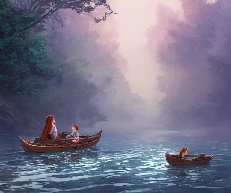 Prompt: a girl with long, flowing auburn hair, and a boy with short hair sitting together in a small wooden paddle boat sailing down a narrow river in a forest, rocky shore, trees, shady, blue waters, ripples, waves, reflections, details, sharp focus, illustration, by Jordan Grimmer and greg rutkowski, Trending artstation, pixiv, digital art