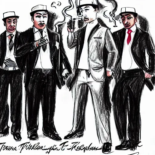 Image similar to A drawing of Kazakh mafia in stylish Italian suits with Tommy guns, smoking cigars