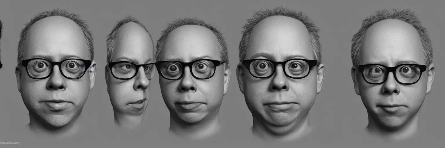 Prompt: character faces, realistic todd solondz smiling franticly, wide open eyes, clear todd solondz face, glasses, disturbed, character sheet, fine details, concept design, contrast, kim jung gi, greg rutkowski and da vinci, 8 k, emotional, face turnaround 3 6 0, front view, back view, side view, ultra wide angle