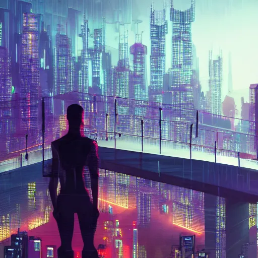 Image similar to a man standing on top of a bridge over a city, cyberpunk art by vincent lefevre, behance contest winner, altermodern, cityscape, synthwave, matte painting