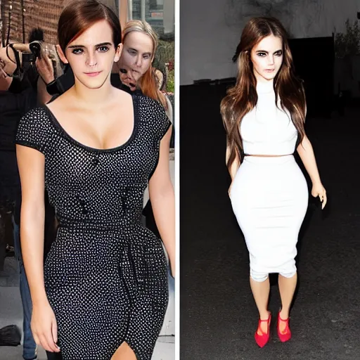 Image similar to emma watson mixed with kim kardashian, single full - figure profile