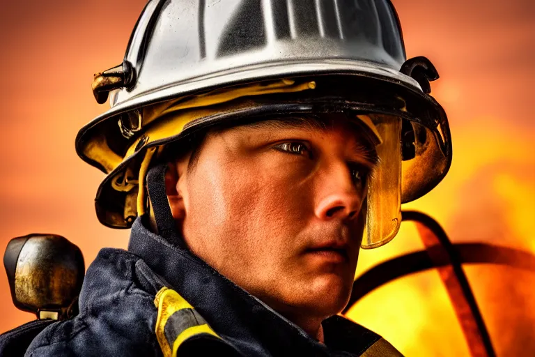 Image similar to fireman, ultra realistic!!!, clear weather, golden hour, sharp focus