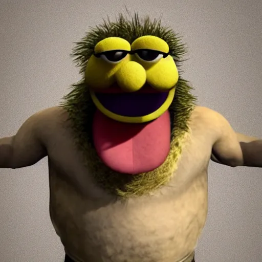 Image similar to a still of a forgotten muppet character looking very manly and modern, hilarious, laughing, hairy chest, huge chin, manly monster tough guy, roughled fur, photo real, photographic, photograph, artstation, trending, featured