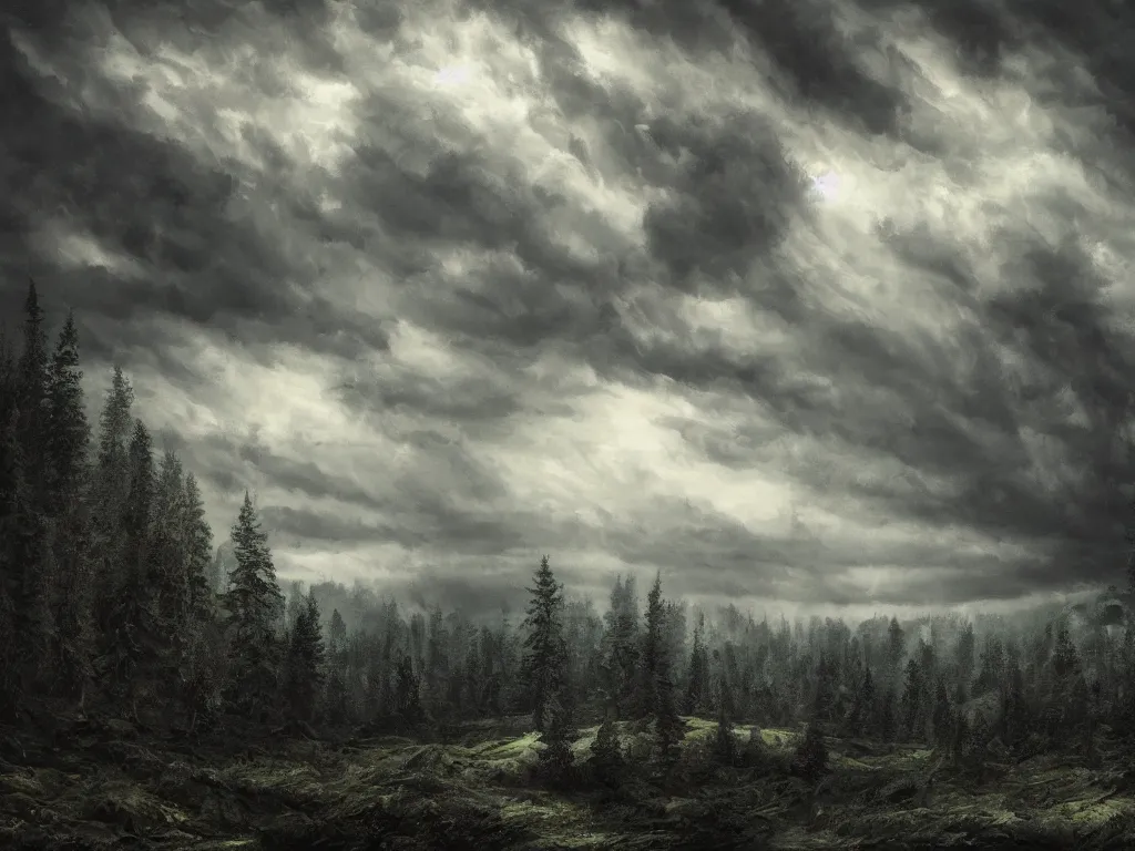 Image similar to detailed landscape, forests. very detailed dark super storm, hyper realistic clouds, impressive, magical, very atmospheric, smoke boiling, cinematic, deep, very high complexity, stunning, masterpiece, chiaroscuro, in the style of david holland and laura den hertog and michael creese, very detailed. 4 k