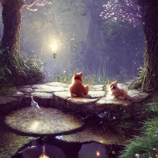 Image similar to two kittens in the enchanted forest watching the goldfish in the stream, fantasy, intricate, extremely detailed, matte, artstation, art by greg rutkowski, louis wain, alan lee