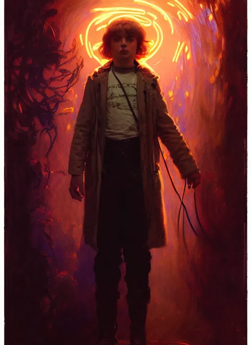 Image similar to illustration by gaston bussiere, gerome, craig mullins, greg rutkowski, john singer sargent. portrait of eddie munson joseph quinn, stranger things. 8 ß's neon retro. lights, glow, magical. dark background.