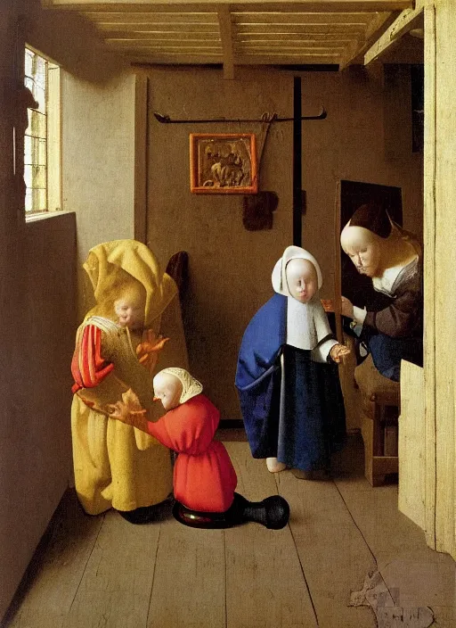 Image similar to cozy children room with toys, there was a crib with very high barred sides against the wall. The boy was holding a toy in his hands, apparently fiddling with it, medieval painting by Jan van Eyck, Johannes Vermeer