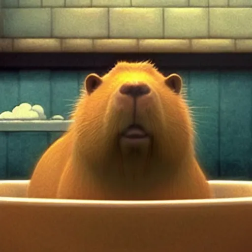 Image similar to a capybara sitting in a steaming bathtub in the animated movie spirited away by hayao miyazaki!!!!, studio ghibli, animated movie, anime, beautiful