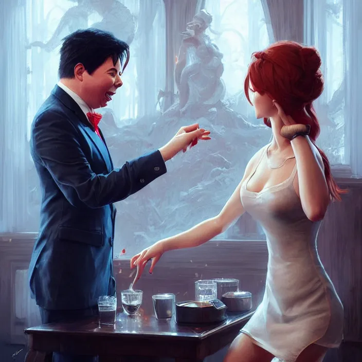 Image similar to michael mcintyre flirting with a singing waitress, elegant, real life skin, intricate artwork, high detailed, artstation, concept art, smooth, sharp focus, art by artgerm and greg rutkowski