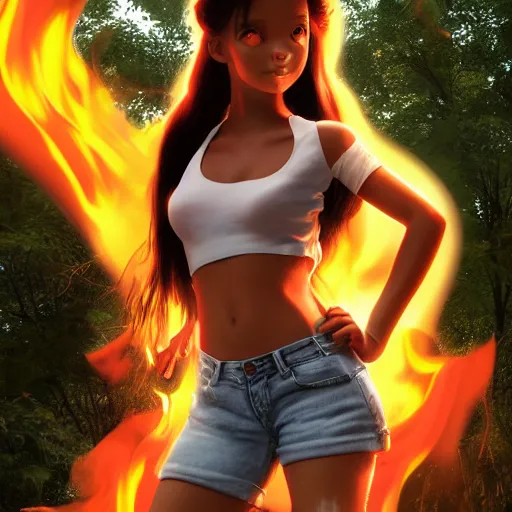 Image similar to nagatoro accurate brown skin color, using white and red tight raglan sleeves, tight blue jeans, in a tropical forest, burning hair glowy fire flames hair in flames hair fire hair on fire, artstation, 3 d ray tracing, lumen, octane render flawless masterpiece concept art professionally post processed by wlop