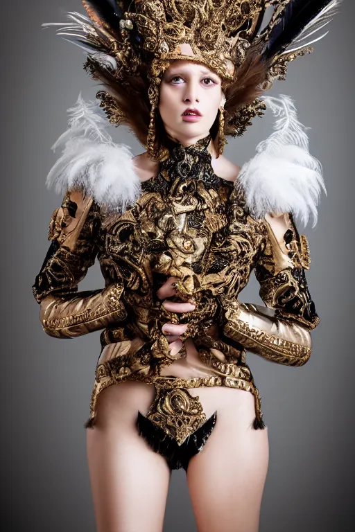 Prompt: beautifull model, wearing baroque armor, feathers, luxury materials, pearls, symmetrical, cinematic, elegant, professional studio light, real dlsr photography, sharp focus, 4 k, ultra hd, sense of awe, high fashion
