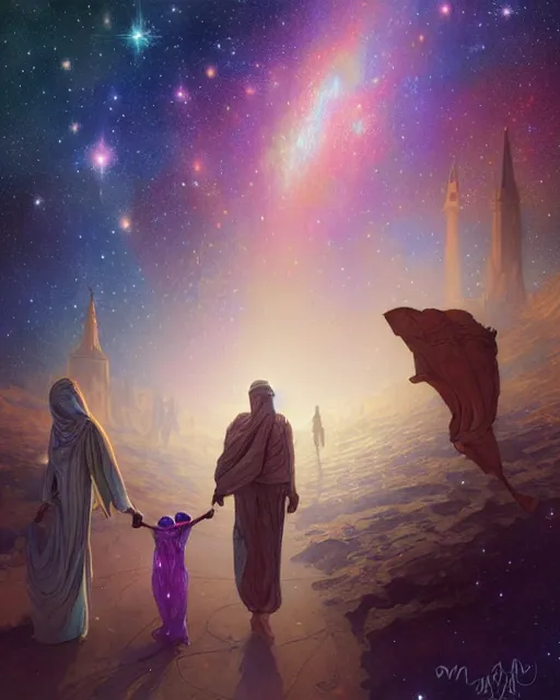 Image similar to bedouin man and woman and child in galaxy walking towards mosque surrounded by nebula, highly detailed, gold filigree, romantic storybook fantasy, soft cinematic lighting, award, disney concept art watercolor illustration by mandy jurgens and alphonse mucha and alena aenami, pastel color palette, featured on artstation