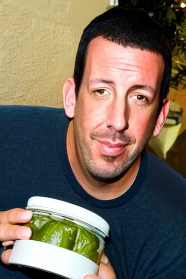 Image similar to a selfie of adam sandler eating a jar of pickles