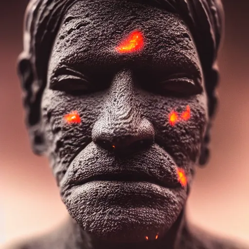 Image similar to beautiful lava human figure, exotic trees, bare bark, dark eyes, low angle mist, high octane, frostbite, 8 k, cinematic, 3 5 mm