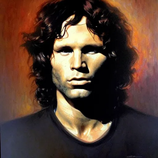 Prompt: portrait of jim morrison, detailed face, detailed painting, epic lighting, by ilya repin, phil hale and kent williams