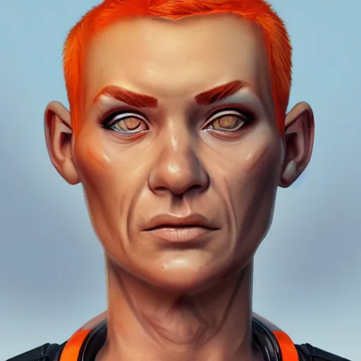 Image similar to character concept art of heroic stoic emotionless butch blond handsome woman space explorer with detailed tribal chin tattoos, dirty and injured, very short slicked - back butch hair, narrow eyes, wearing atompunk jumpsuit, orange safety vest, retrofuture, highly detailed, science fiction, illustration, oil painting, realistic, lifelike, pulp sci fi, cinematic