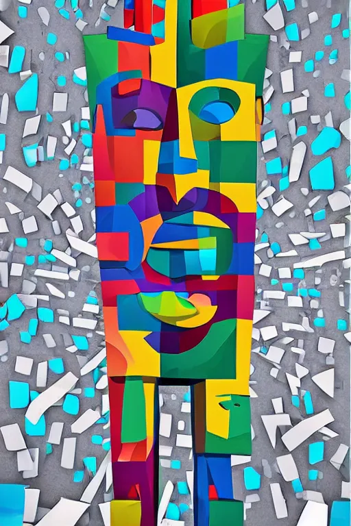 Image similar to cubist moai statue cutout digital illustration cartoon colorful beeple