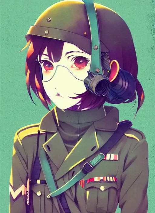 Image similar to singular girl with wearing ww 2 gas mask, ww 2 uniform, very anime!!! anime!! intricate details, aesthetically pleasing pastel colors, smoke poster background, art by conrad roset and ilya kuvshinov