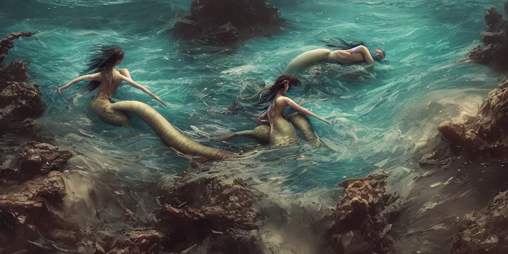 Image similar to Digital art Pixiv, Stunning mermaids swimming in a murky ocean, Kim Jung Gi, Greg Rutkowski, Darek Zabrocki, Karlkka, Jayison Devadas, Phuoc Quan, trending on Artstation, 8K, ultra wide angle, zenith perspective, pincushion lens effect